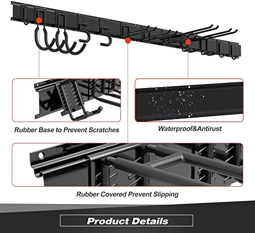 Sttoraboks Garage Tool Storage Rack, Heavy Duty Garage Storage Organizer Rack System Wall Mounted Tool with 12 double hooks, 4 rails Garden Tool Rack - Image 4