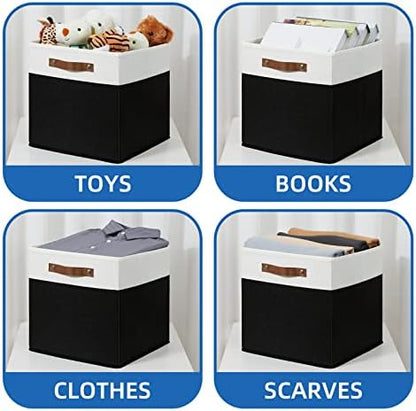 Temary Fabric Storage Bin 4 Pack Cube Storage Bin for Shelf Fabric Cube Storage Basket 13 Inch Cube Storage Bins Foldable Storage Cubes with Leather Handles(White&Black) - Image 4