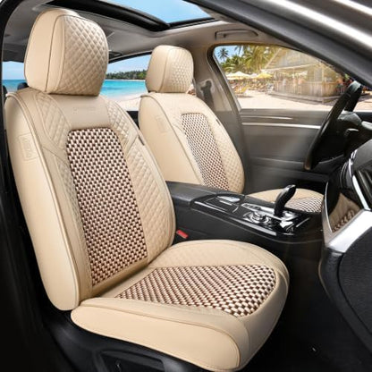 Coverado Seat Covers Full Set, 5 Seats Universal Seat Covers for Cars, Beige Car Seat Covers Front Seats Back Seat Cover, Breathable Car Seat Cushion, Leather Seat Cover Seat Protector Fit Most Cars by COVERADOAUTO