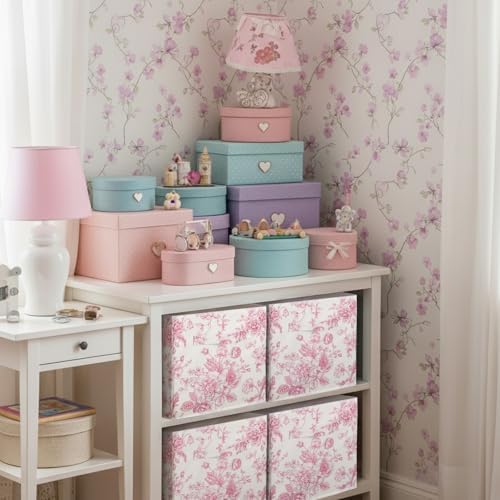 Geelin 6 Pcs Pink Floral Cube Storage Bins 11 in Storage Basket with Handle - Image 5