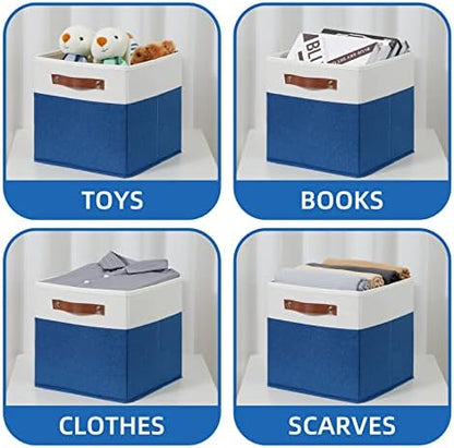 Temary 11 Storage Cube Bins for Shelves, Closet - 4 Pack Fabric Baskets With Leather Handles (White & Blue) - Image 4
