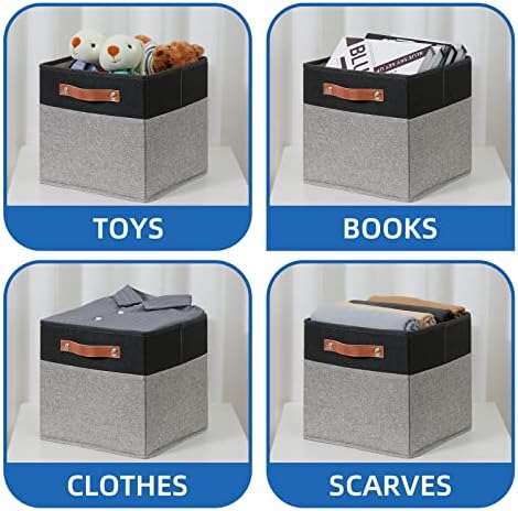 Temary 11 x 11 Cube Storage Bins Fabric Storage Cubes for Shelf, Closet, 4 Pack Cube Basket for Clothes, Storage Cube Bins with Leather Handles(Black&Grey) - Image 4