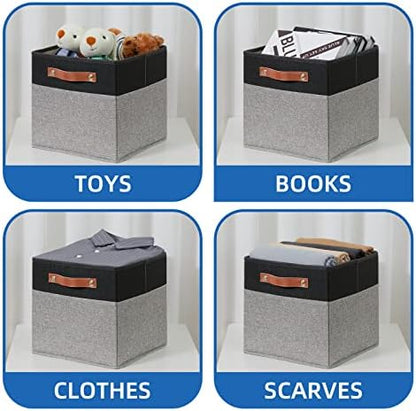 Temary 11 x 11 Cube Storage Bins Fabric Storage Cubes for Shelf, Closet, 4 Pack Cube Basket for Clothes, Storage Cube Bins with Leather Handles(Black&Grey) - Image 4