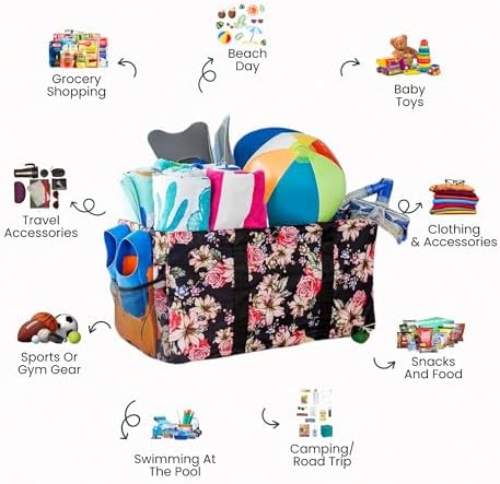 Extra Large Utility Tote Bag, Oversized Collapsible Reusable Wire Frame Rectangular Canvas Basket With Two Exterior Pockets For Beach, Pool, Laundry, Car Trunk, Storage - Rose - Image 3