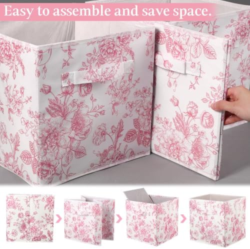 Geelin 6 Pcs Pink Floral Cube Storage Bins 11 in Storage Basket with Handle - Image 2