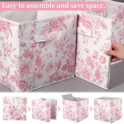 Geelin 6 Pcs Pink Floral Cube Storage Bins 11 in Storage Basket with Handle - Image 2