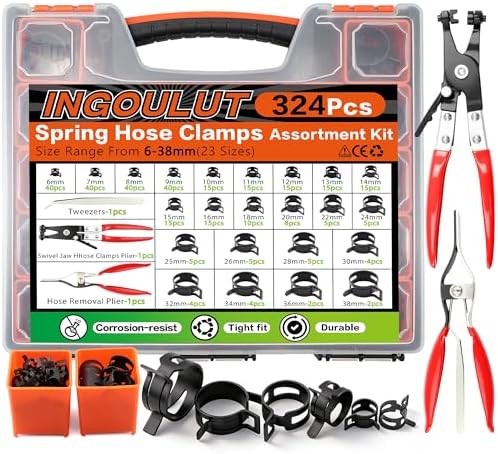 324Pcs Spring Hose Clamps Assortment Kit 23size 6-38mm with Swivel Flat Hose Clamps Plier, Black 65Mn Spring Steel Hose Clamp for Fuel Line,Silicone Vacuum Hose,Water Pipe,Automotive by Ingoulut
