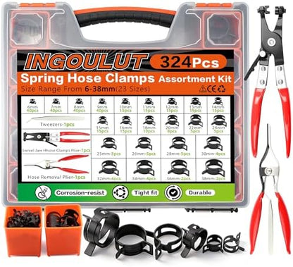 324Pcs Spring Hose Clamps Assortment Kit 23size 6-38mm with Swivel Flat Hose Clamps Plier, Black 65Mn Spring Steel Hose Clamp for Fuel Line,Silicone Vacuum Hose,Water Pipe,Automotive by Ingoulut
