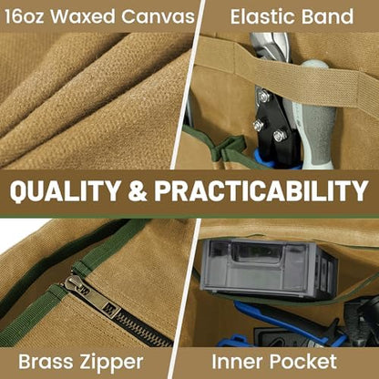 Canvas Tool Bag, 16OZ Waxed Canvas Tool Tote Bag with Metal Zipper & 12-Pocket Design, Multi-Purpose Garden Tool Storage Tote for Electrician Gardener Plumber | Khaki | 14.5"L x 7.5"W x 10"H - Image 5