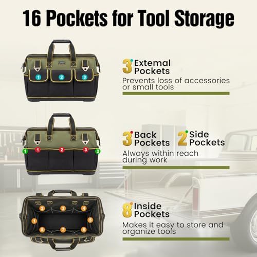 Tool Bag, Ounic 16 Inch BigTool Tote Bag Heavy Duty With Waterproof Molded Base, Wide Mouth Tool Box Organizer with Adjustable Shoulder Strap for Electrician Mechanic Craftsman Plumbers(Green) - Image 3