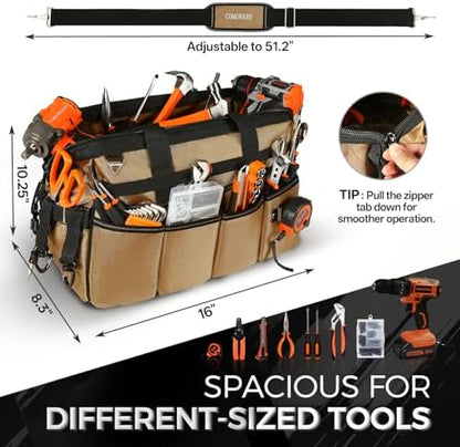 COMOWARE 19-Pocket Tool Bag, Gift for Dad, 16“ Heavy Duty Tool Organizer with Adjustable 51.2" Shoulder Strap, 1680D Oxford Fabric & PVC Coating, Reflective Strips, Tactical Loops, Mechanics - Image 2