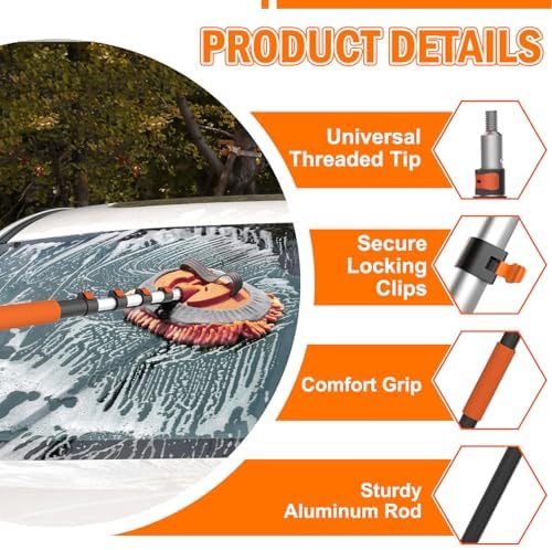 LAANPOLE 16FT Car Wash Brush with Long Handle, Car Cleaning Kit with Soft Bristle Wash Brush, Microfiber Cleaning Mop, Window Squeegee, Mitt, Wheel Brush, Bucket, Drying Towel for RV, Truck, Boat - Image 3