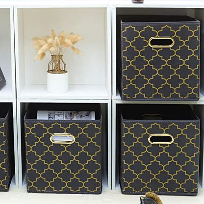 Fabric storage bins Cubes, Fabric Cube Organizer with Handle, Foldable Cube Bins for Cloth or Accessary Storage, 11x11x11, Set of 3, (Grey Gold) - Image 4