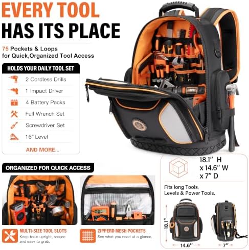 LOKASS 18.1-inch Heavy-Duty Tool Backpack, 75 Pockets, Black - Image 3