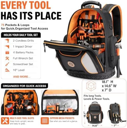 LOKASS 18.1-inch Heavy-Duty Tool Backpack, 75 Pockets, Black - Image 3