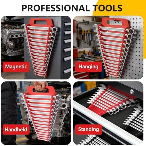 Magnetic Socket Organizer & Wrench Organizer Set, Socket Holder Set1/4", 3/8", 1/2" Drive Metric SAE Socket Storage，15 Slots Metric SAE Wrench Holder (Socket,Wrench not Included) (‎‎Black/Red) - Image 5