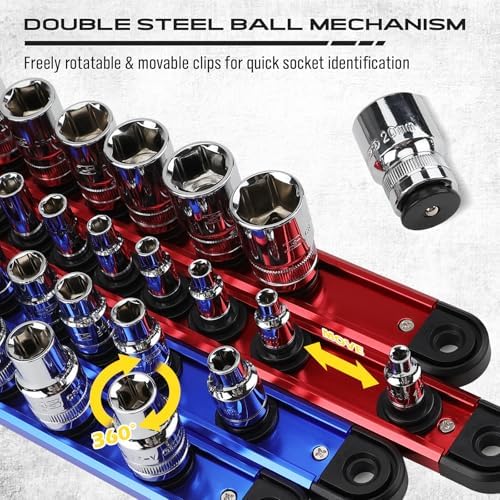 8-Piece Magnetic Socket and Wrench Organizer Set, Metric & SAE, 1/4", 3/8", 1/2" Drive Socket Rail, 24-Slots Wrench Holder with Non-Slip Handle for Toolbox Drawer Storage (Socket Wrench not Included) - Image 5