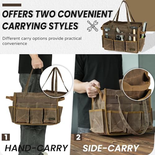 Canvas Tool Tote Bag, Heavy Duty 16oz Waxed Canvas Tool Pouch with Metal Zipper & 12-Pocket | Multi-Purpose Garden Tool Storage Carrier for Gardener Craftsman Contractor | Brownish Grey - Image 4