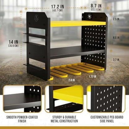 BUILTSTRONG Power Tool Organizer Wall Mount – 3-Tier Heavy-Duty Steel Rack, 4 Drill Slots, Pegboard + Utility Side, 100 lb Capacity – Garage, Workshop & Shed Storage (Yellow) - Image 4