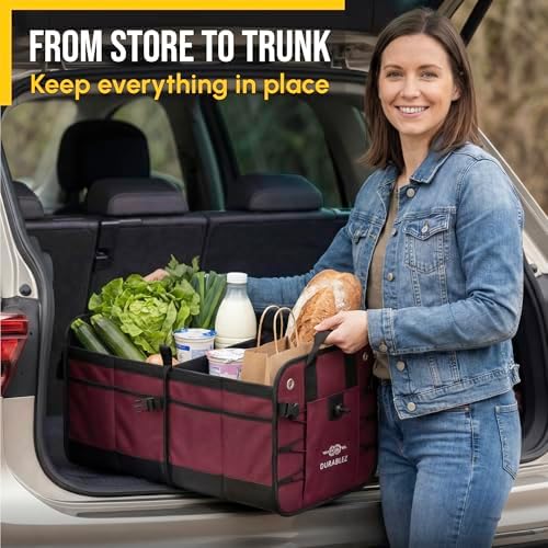 Car Trunk Organizer - Collapsible, Foldable - with Covering Net, Removable Dividers, Attachable Non-Slip Pads, Mounting Straps, and Stainless Hooks - for SUV, Truck, Sedan, Minivan, and Van - Cherry - Image 5