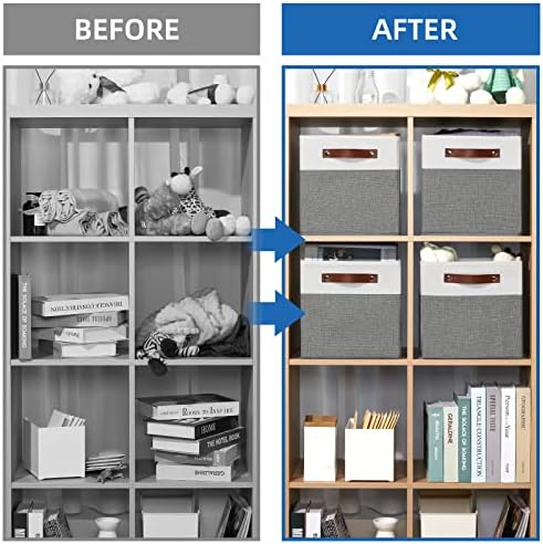 Temary Cube Storage Bins 4 Pack Storage Cubes 11?11 Fabric Storage Bins Foldable Cube Storage Baskets with Handles, Collapsible Storage Basket for Shelf (White & Grey, 11 x 11 x 11) - Image 6