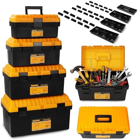 4 Pack Heavy Duty Plastic Tool Box Set, Stackable Portable Boxes, 13-19" by Unknown