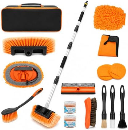 70" Car Wash Brush with Long Handle, 12-Inch Flow-Thru Soft Bristle Car Washing Brush, Wheel Brush, Microfiber Cleaning Mop, Mitt, Window Squeegee, Interior Cleaning Kit, Bag, for Car SUV Truck RV by ETOUPA