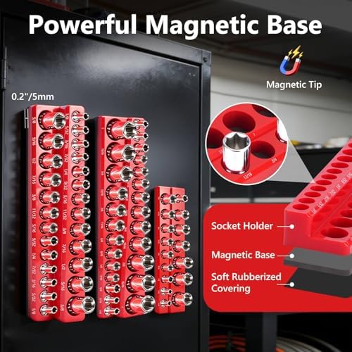 Magnetic Socket Organizer & Wrench Organizer Set, Socket Holder Set1/4", 3/8", 1/2" Drive Metric SAE Socket Storage，15 Slots Metric SAE Wrench Holder (Socket,Wrench not Included) (‎‎Black/Red) - Image 6