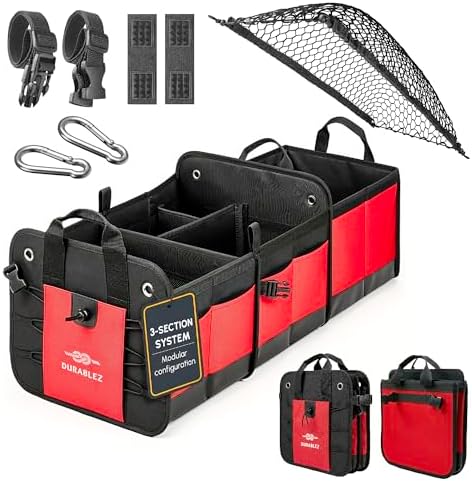 Large Car Trunk Organizer - Trunk Storage - Modular Detachable Configurable Collapsible - for SUV Minivan Truck Sedan Van - 3 Compartment XL, Red by DURABLEZ