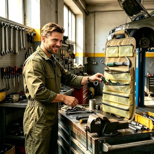 Heavy Duty Roll Up Tool Bag Organizer - 1680D Oxford, 23.6"x13", See-Through PVC Pockets, 12 Compartments for Mechanic, Electrician & Tradesperson - Image 7