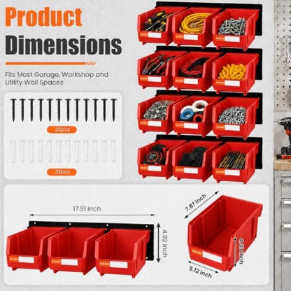 12pc Wall-Mounted Storage Organizer Set with Metal Rails Red - Image 2