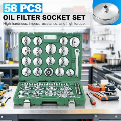 58PCS Oil Filter Wrench Set Stainless Steel 1/2" Drive Cup Remover Tool - Image 2