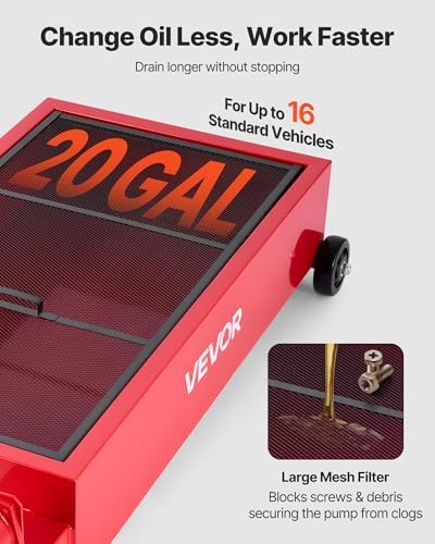 VEVOR Low Profile Oil Drain Pan, 20 Gallon Capacity, Rolling Oil Drain Pan with Manual Pump, 7.2 ft Hose & T Folding Handle, Leak-Proof & Corrosion-Resistant, Fit for Cars, SUVs, Trucks, ATVs, Red - Image 3