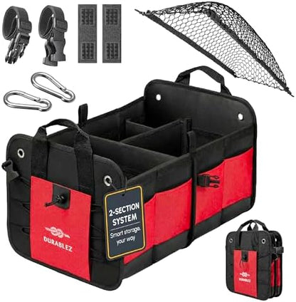 Car Trunk Organizer - Collapsible, Foldable - with Covering Net, Removable Dividers, Attachable Non-Slip Pads, Mounting Straps, and Stainless Hooks - for SUV, Truck, Sedan, Minivan, and Van - Red by DURABLEZ
