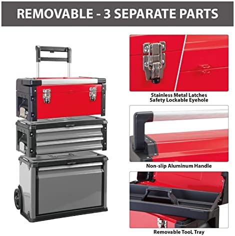 Big RED TRJF-C305ABD Torin Garage Workshop Organizer: Portable Steel and Plastic Stackable Rolling Upright Trolley Tool Box with 3 Drawers, 20.5" L x 12.6" W x 28.4" - Image 6