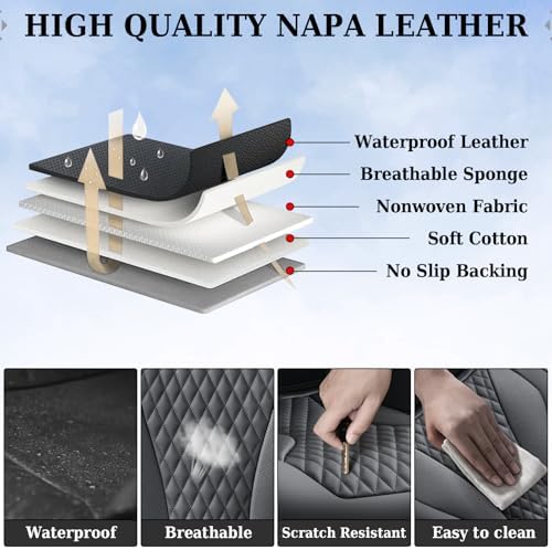 Coverado Waterproof Nappa Leather Car Seat Covers Full Set, 5-Seat Car Seat Protector, Front & Rear Cushions Fit for Most Sedans, SUVs,Trucks，Black - Image 7