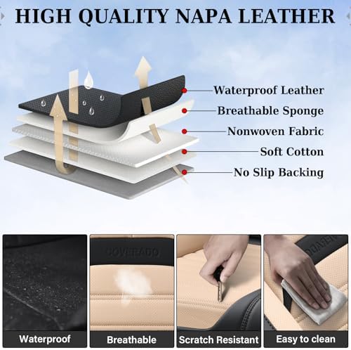 Coverado Waterproof Nappa Leather Car Seat Covers, Automotive Seat Covers，Front Car Seat Cushion & Car Seat Protector, Seat Covers Universal Fit for Most Cars, SUVs,Trucks,Black&Beige - Image 6