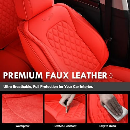 Coverado Full Set Car Seat Covers, 5-Seat Universal Faux Leather Waterproof Seat Covers, Front & Back Car Seat Protectors, Red Leather Seat Covers Fit for Most Vehicles-Red - Image 6