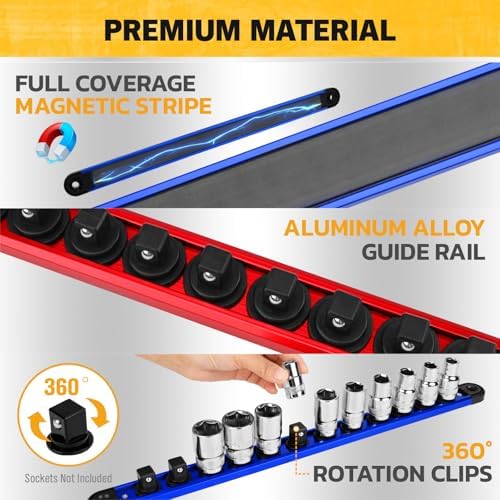5-Piece Magnetic Socket & Bit Organizer Kit, 1/4" 3/8" 1/2" Heavy Duty Socket Holder Holds 40 Clips, Aluminum Sockets Rail for Tool Box Drawer, 1/4" Slidable Drill Bit Organizer Holds 80 Bits - Image 3