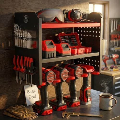 BUILTSTRONG Power Tool Organizer Wall Mount – 3-Tier Heavy-Duty Steel Rack, 4 Drill Slots, Pegboard + Utility Side, 100 lb Capacity – Garage, Workshop & Shed Storage (Red) - Image 6