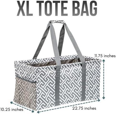 Extra Large Utility Tote Bag, Oversized Collapsible Reusable Wire Frame Rectangular Canvas Basket With Two Exterior Pockets For Beach, Pool, Laundry, Car Trunk, Storage - Geo Grey - Image 4