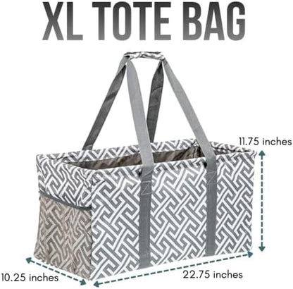 Extra Large Utility Tote Bag, Oversized Collapsible Reusable Wire Frame Rectangular Canvas Basket With Two Exterior Pockets For Beach, Pool, Laundry, Car Trunk, Storage - Geo Grey - Image 4