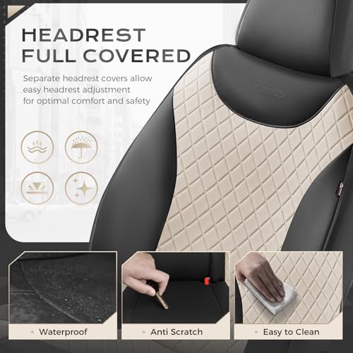 Coverado Front and Back Seat Covers, 5-Pack Universal Seat Covers for Cars, Leather & Fabric Splicing Design Car Seat Protectors, Waterproof Seat Cushions Universal for Most Vehicles, Black & Beige - Image 6