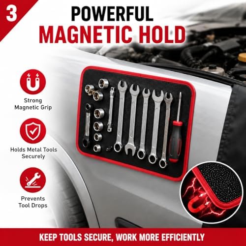 3‑Piece Flexible Magnetic Tool Mat Set, Heavy‑Duty Magnetic Mat for Tools, Strong‑Grip Magnetic Parts Holder with Non‑Slip Surface,Ideal for Auto Repair, Workshop & Jobsite Organization,Red - Image 3