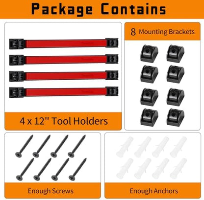 12" Magnetic Tool Holder Strip, 4 Pieces Red Metal Tool Organizer Rack with Stainless Steel Surface, Magnet Bar for Garage Workshop, Easy To Install with Mounting Screws - Image 7