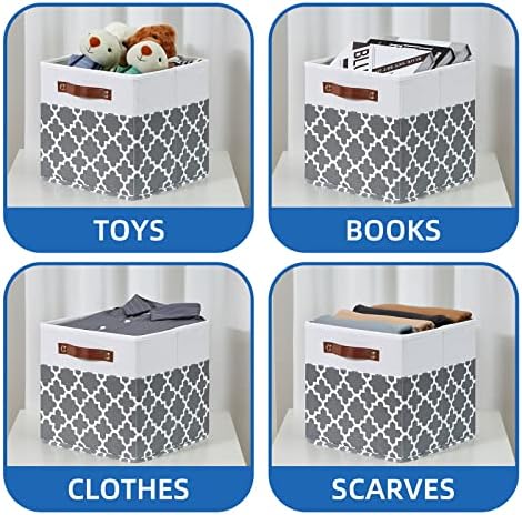 Temary 11x11x11 Cube Storage Bins Cube Organizer Bins 4 Pack Canvas Storage Bin for Home, Cube Storage Basket with Leather Handles(Grey Lattice) - Image 4