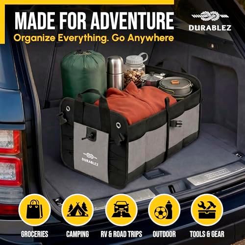 Car Trunk Organizer - Collapsible, Foldable - with Covering Net, Removable Dividers, Attachable Non-Slip Pads, Mounting Straps, and Stainless Hooks - for SUV, Truck, Sedan, Minivan, and Van - Gray - Image 2