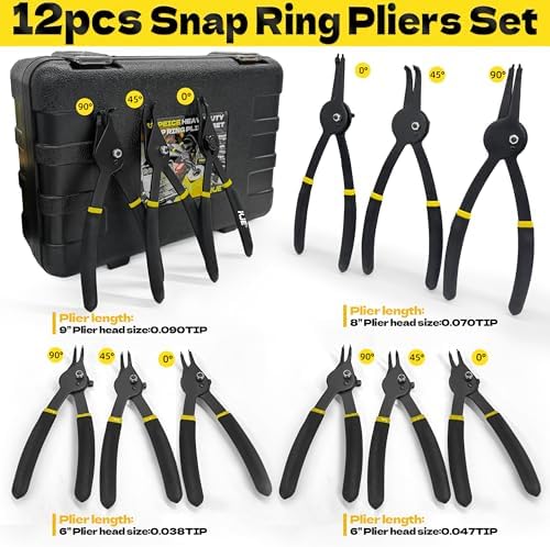 KJE 12Pcs Heavy Duty Snap Ring Pliers Set, Fixed Straight/45°/90° Jaw Tips Internal & External Circlip Pliers, Versatile Retaining Snap-Ring Pliers set for 0.038" 0.047" 0.070" 0.090" - Image 2