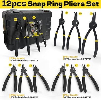 KJE 12Pcs Heavy Duty Snap Ring Pliers Set, Fixed Straight/45°/90° Jaw Tips Internal & External Circlip Pliers, Versatile Retaining Snap-Ring Pliers set for 0.038" 0.047" 0.070" 0.090" - Image 2