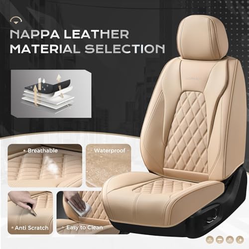 Coverado Leather Seat Covers, Car Seat Cover Full Set, 5 Seats Beige Seat Covers, Automotive Seat Covers Waterproof Car Seat Cushion Protectors Universal Seat Cover Fit for Most Cars Trucks SUV - Image 2
